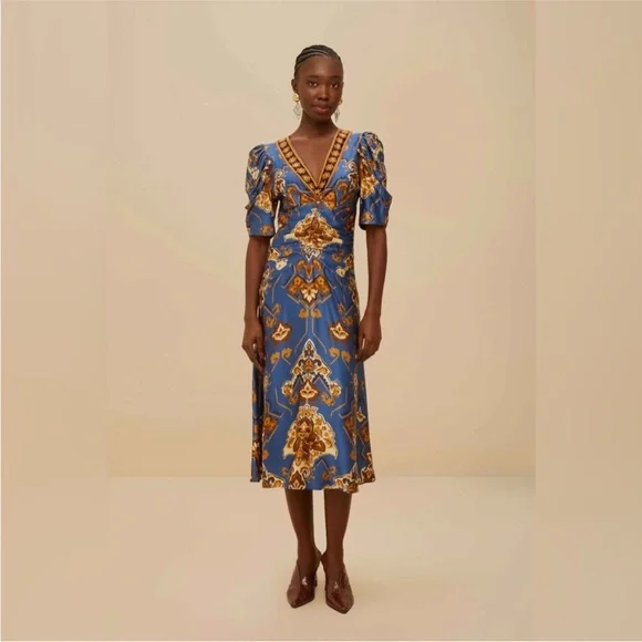 Farm Rio: Blue Ornament Floral Midi Dress - Picture 2 of 10